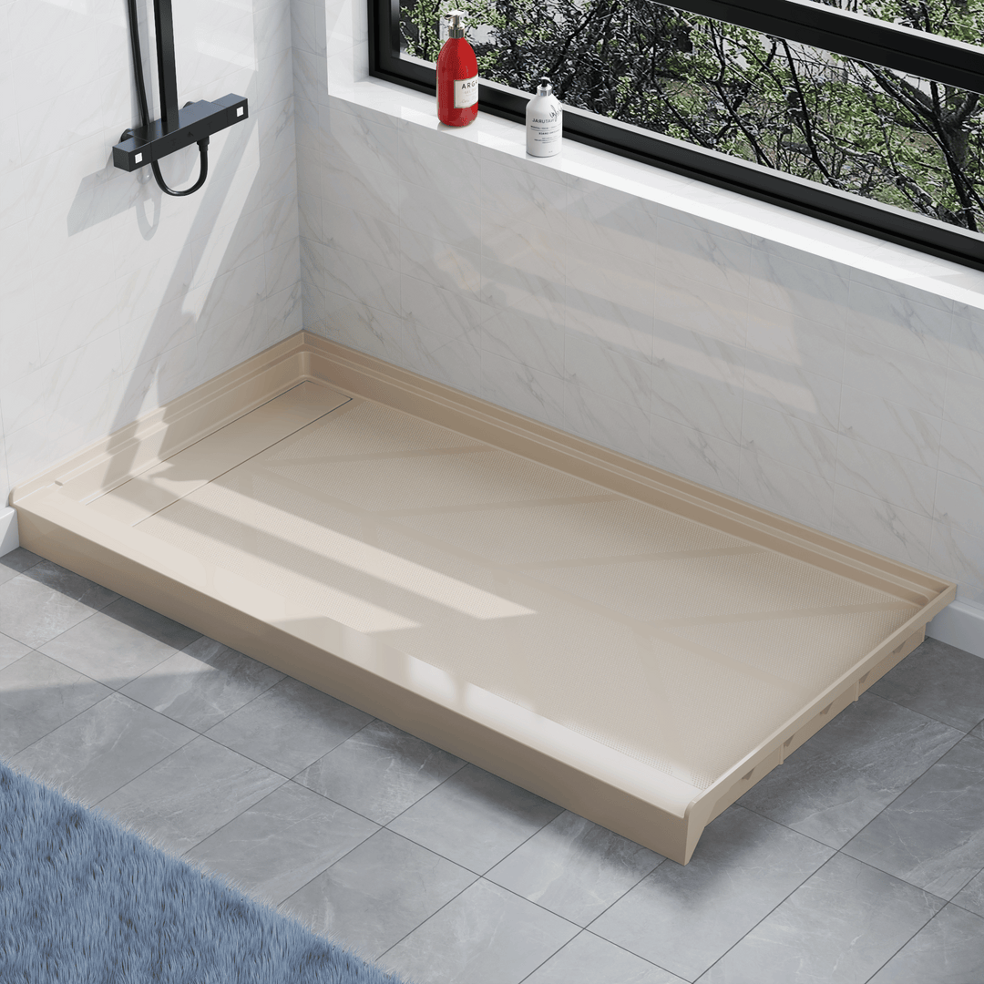Angled view of 60''x32'' beige SMC shower base with left linear drain and glossy finish#color_beige#drain_left