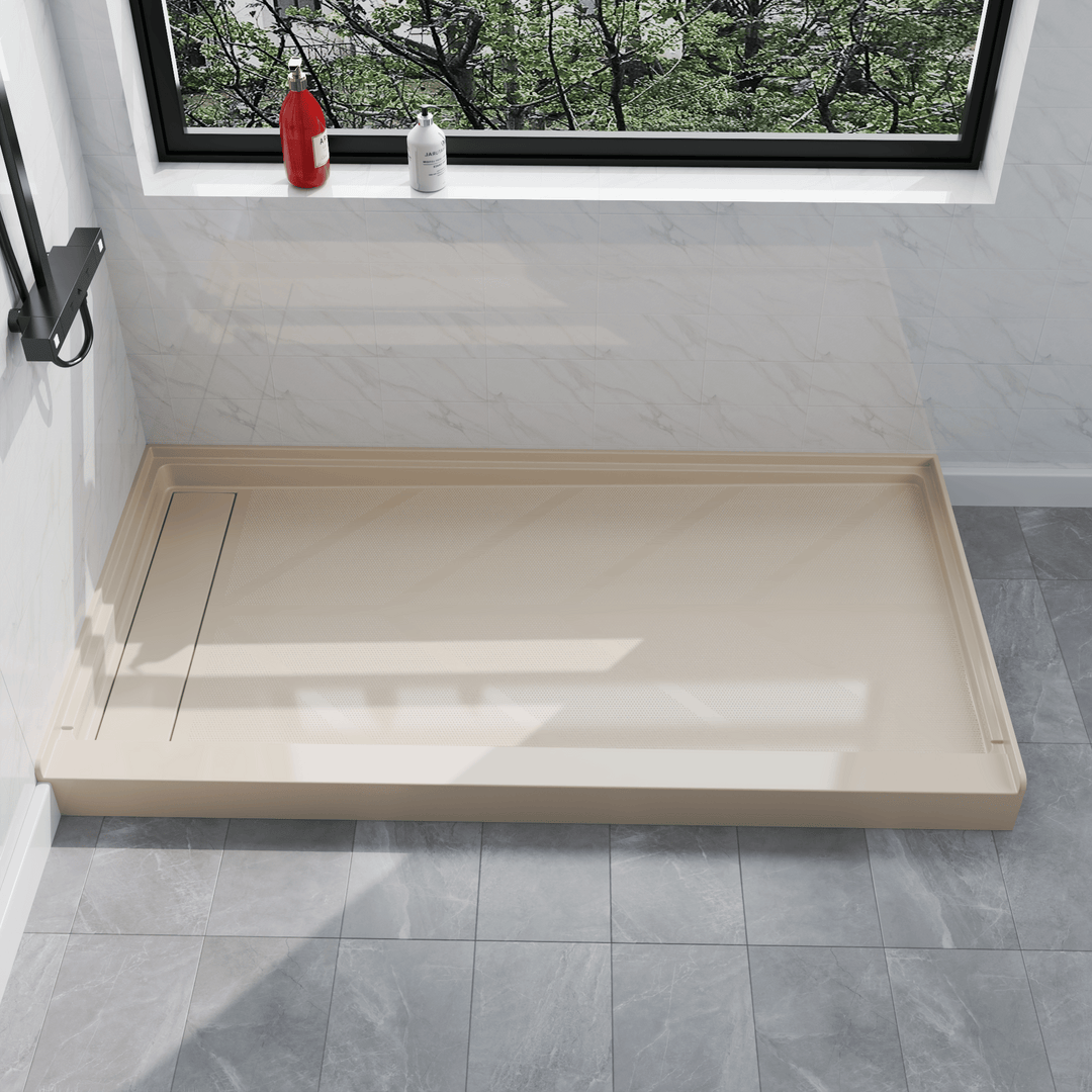 Side view of 60''x32'' Beige SMC shower base with left linear drain and glossy finish#color_beige#drain_left