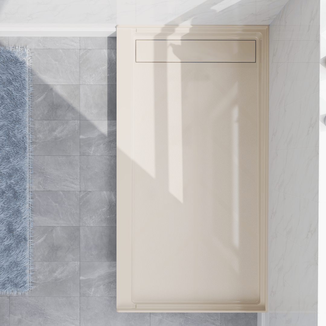 Top view of 60''x32'' Beige SMC shower base with left linear drain and glossy finish#color_beige#drain_left