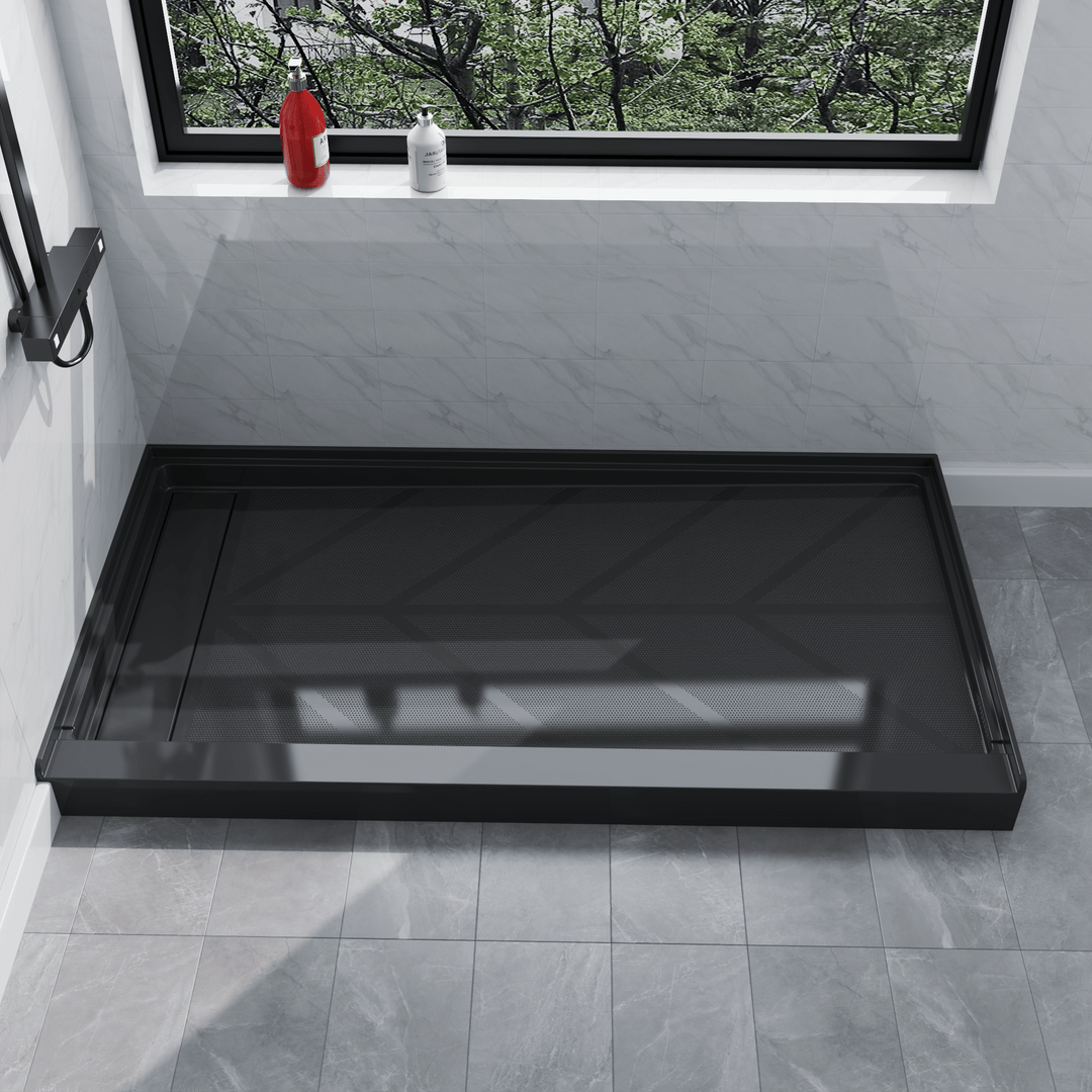 Side view of 60'' x 32'' black SMC shower base with left linear drain and gloss finish, installed in modern bathroom#left_black