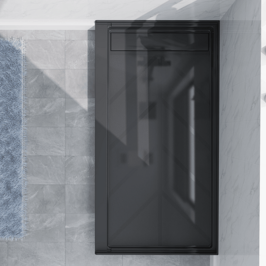 Black SMC 60''x 32'' shower base with left linear drain and glossy finish, top view in modern bathroom#color_black#drain_left