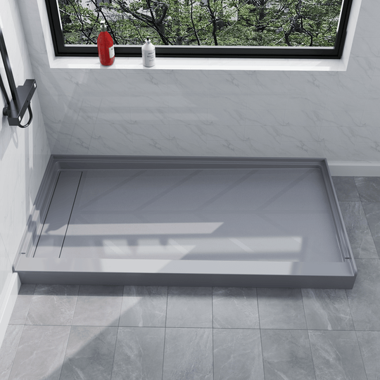 Gray SMC 60''x32'' shower base with left linear drain and glossy finish, side view in modern bathroom#color_gray#drain_left