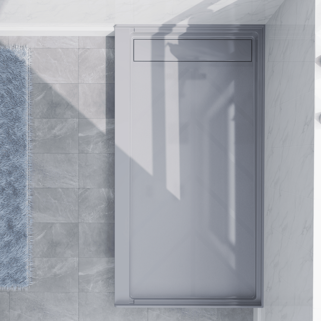 Top view of 60''x32'' Gray SMC shower base with left linear drain and glossy finish#color_gray#drain_left