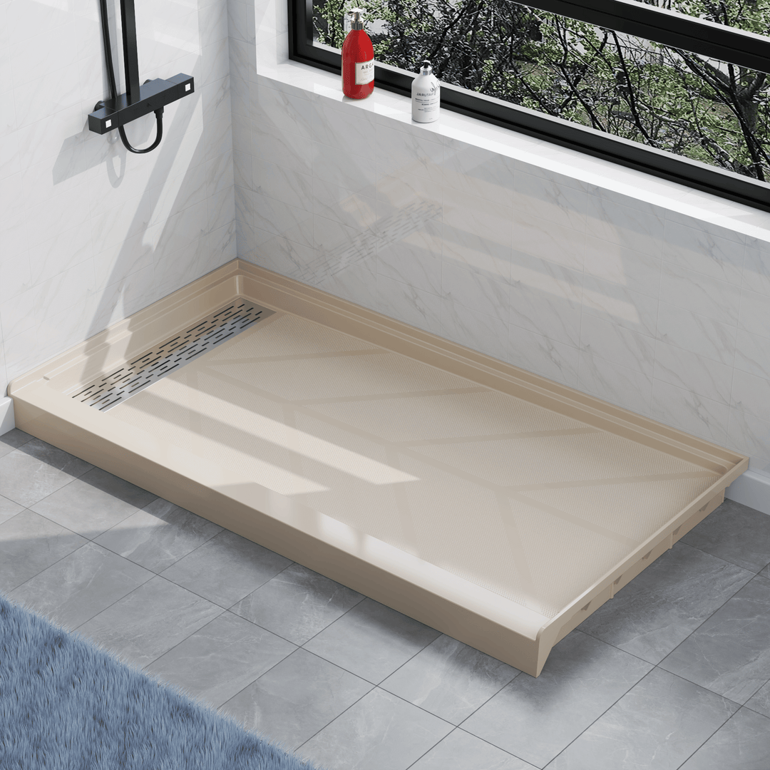 Angled view of 60" x 32" SMC Shower Base with left Stainless Steel Linear Drain Cover, Beige Shower Pan Base in modern bathroom