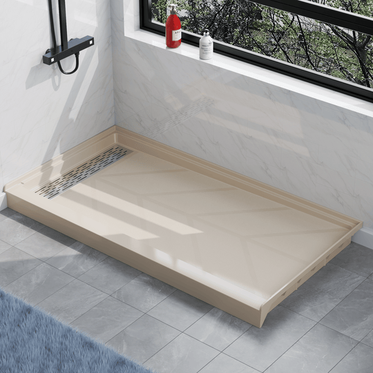 Angled view of 60" x 32" SMC Shower Base with left Stainless Steel Linear Drain Cover, Beige Shower Pan Base in modern bathroom