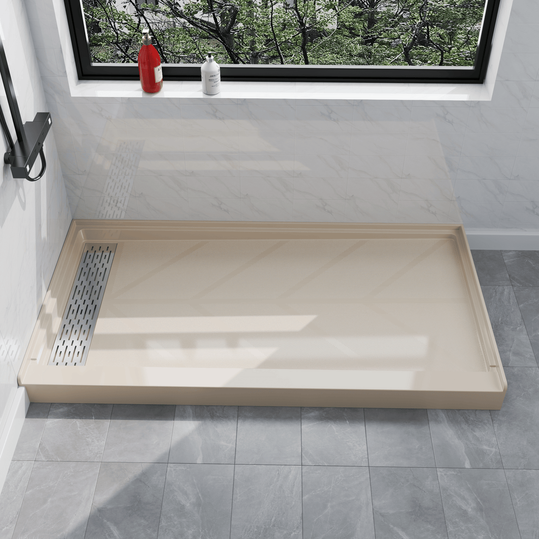 Side view of 60" x 32" SMC Shower Base with left Stainless Steel Linear Drain Cover, Beige Shower Pan Base in modern bathroom