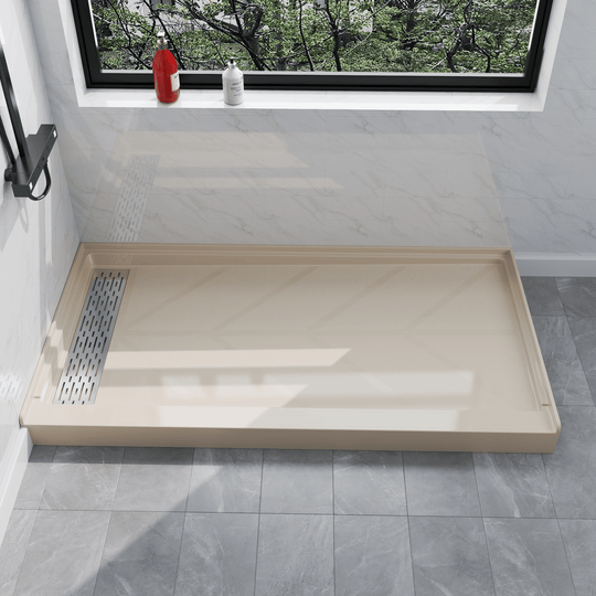 Side view of 60" x 32" SMC Shower Base with left Stainless Steel Linear Drain Cover, Beige Shower Pan Base in modern bathroom