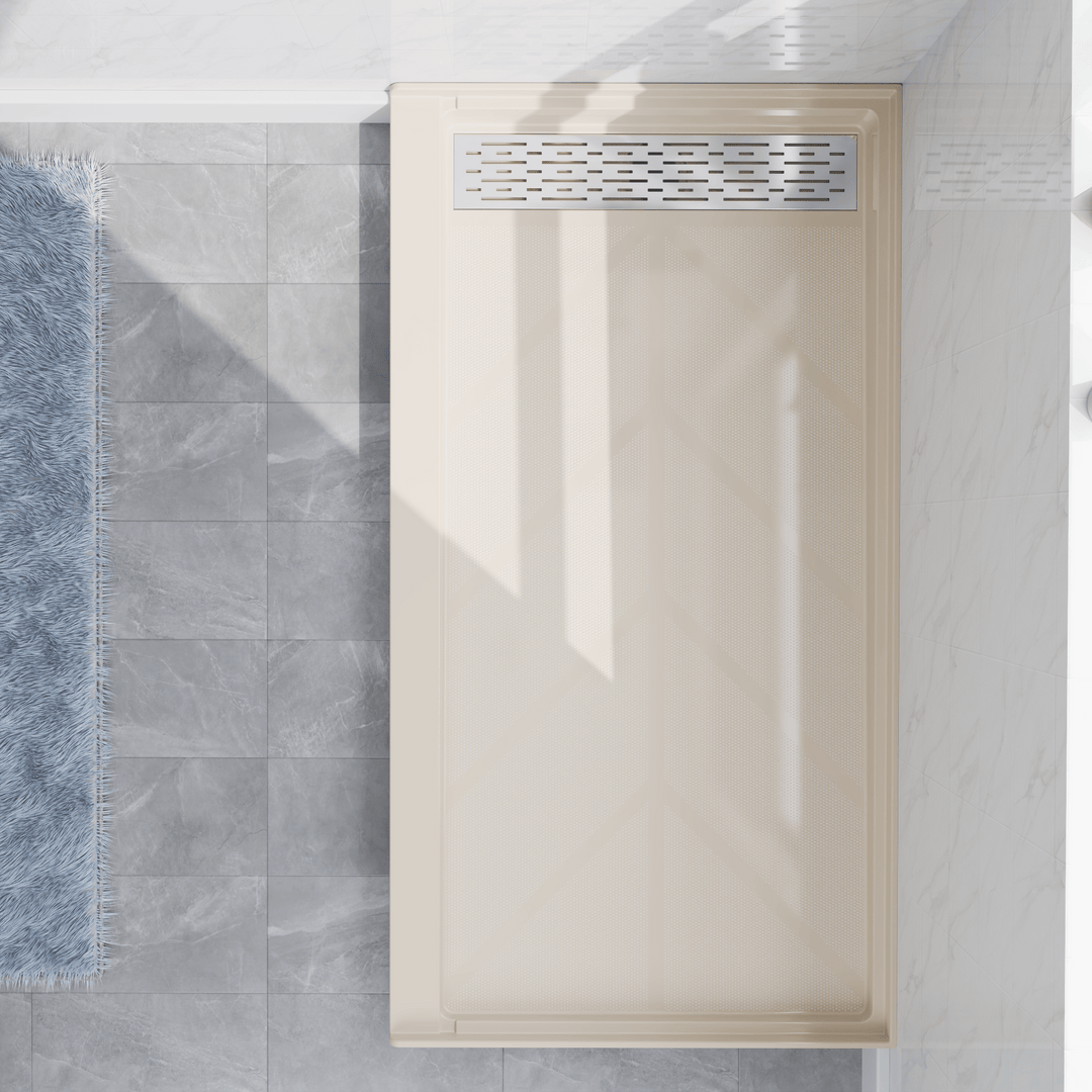 Top view of 60" x 32" SMC Shower Base with left Stainless Steel Linear Drain Cover, Beige Shower Pan Base in modern bathroom