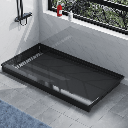 Angled view of 60" x 32" SMC Shower Base with left Stainless Steel Linear Drain Cover, Black Shower Pan Base in modern bathroom