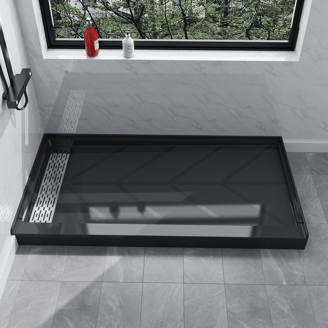 Side view of 60" x 32" SMC Shower Base with left Stainless Steel Linear Drain Cover, Black Shower Pan Base in modern bathroom