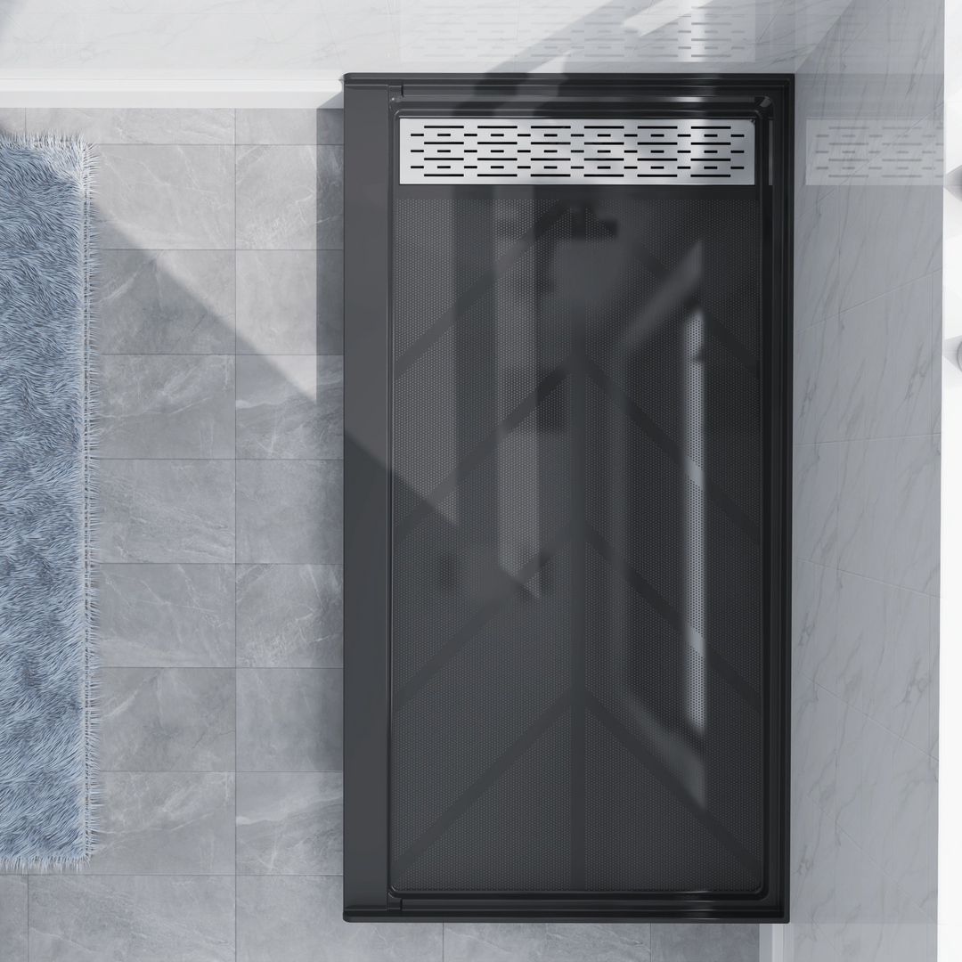 Top view of 60" x 32" SMC Shower Base with left Stainless Steel Linear Drain Cover, Black Shower Pan Base in modern bathroom