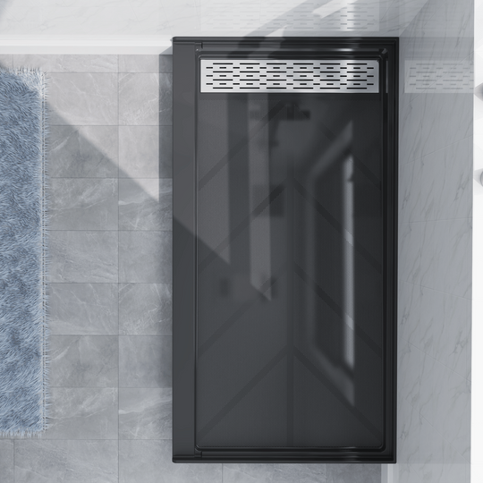 Top view of 60" x 32" SMC Shower Base with left Stainless Steel Linear Drain Cover, Black Shower Pan Base in modern bathroom