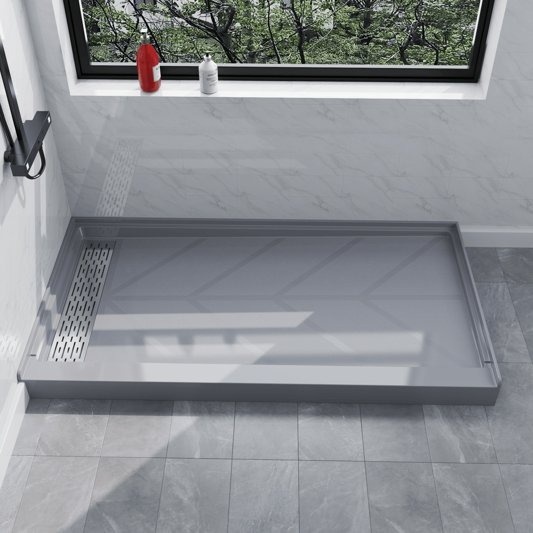 Side view of 60" x 32" SMC Shower Base with left Stainless Steel Linear Drain Cover, Gray Shower Pan Base in modern bathroom