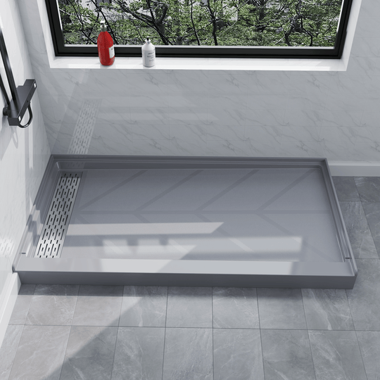Side view of 60" x 32" SMC Shower Base with left Stainless Steel Linear Drain Cover, Gray Shower Pan Base in modern bathroom