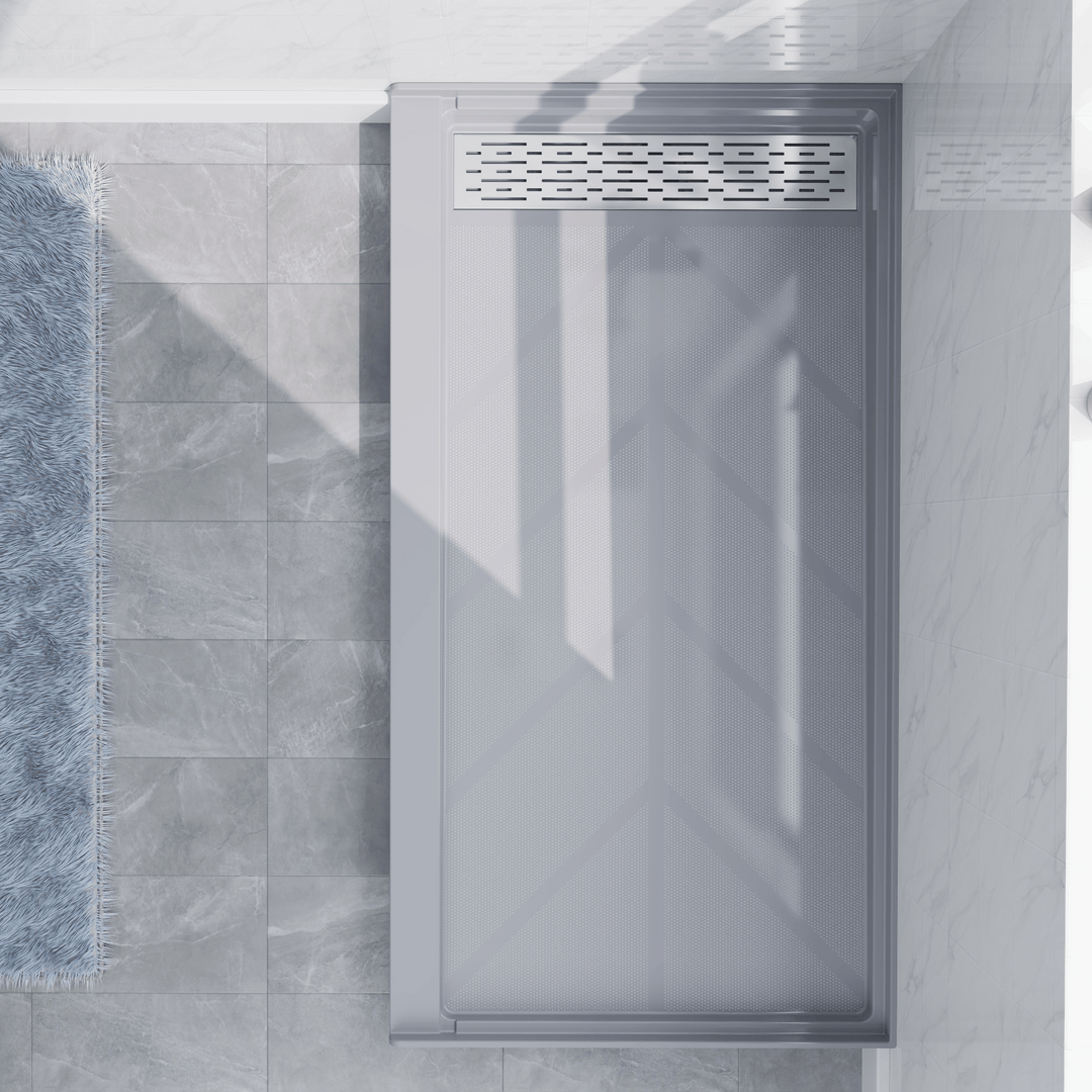 Top view of 60" x 32" SMC Shower Base with left Stainless Steel Linear Drain Cover, Gray Shower Pan Base in modern bathroom