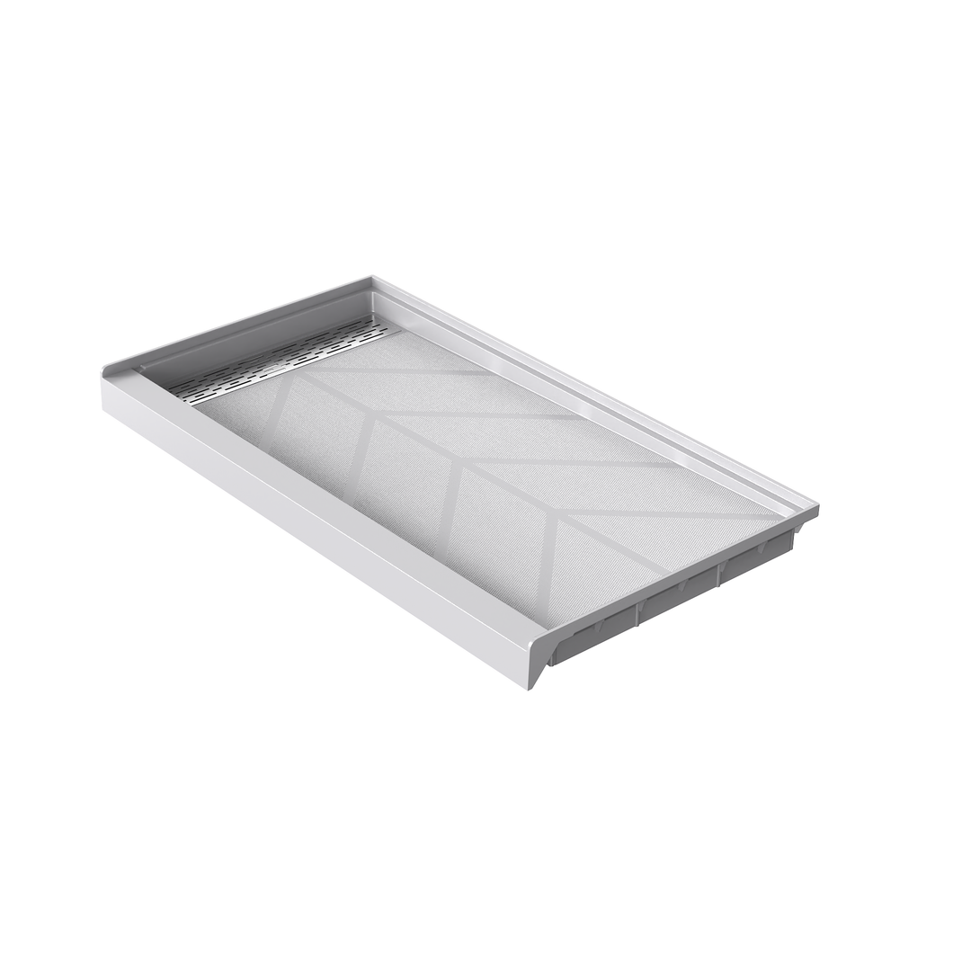 Angled view of 60" x 32" SMC Shower Base with left Stainless Steel Linear Drain Cover, Glossy White Shower Pan Base in white background