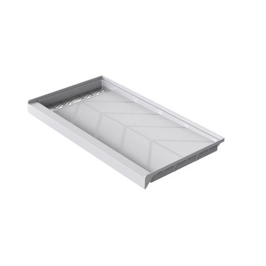 Angled view of 60" x 32" SMC Shower Base with left Stainless Steel Linear Drain Cover, Glossy White Shower Pan Base in white background