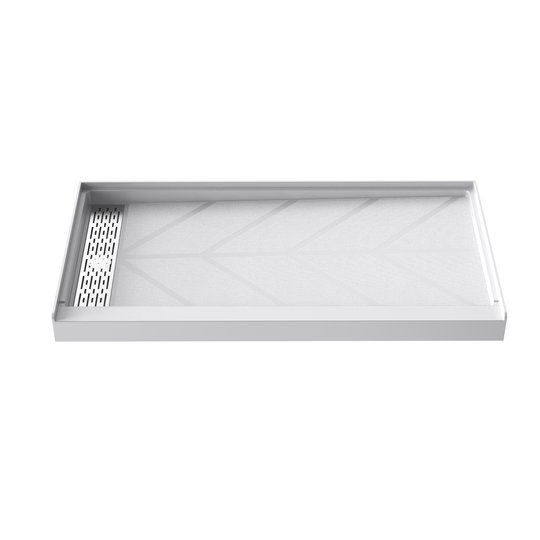 Side view of 60" x 32" SMC Shower Base with left Stainless Steel Linear Drain Cover, Glossy White Shower Pan Base in white background