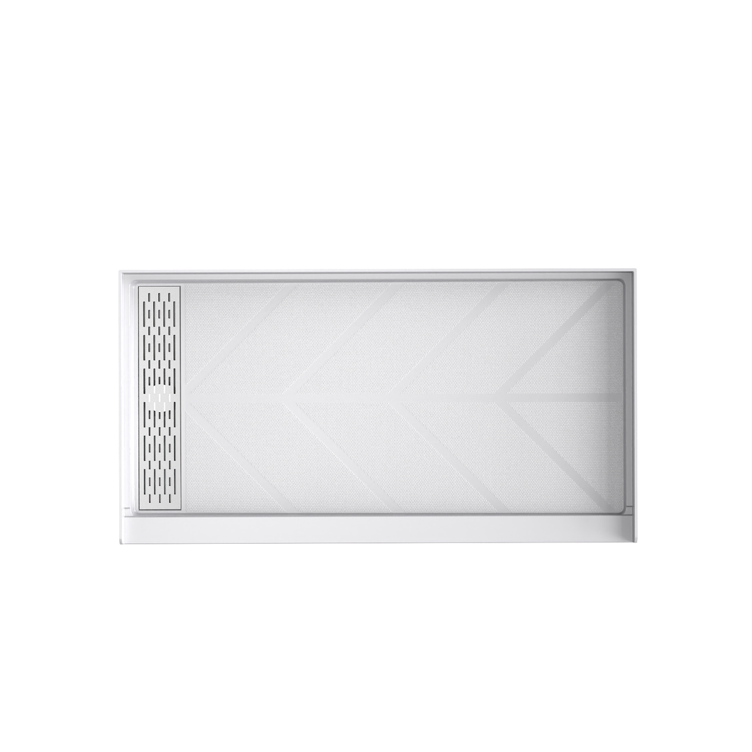 Top view of 60" x 32" SMC Shower Base with left Stainless Steel Linear Drain Cover, Glossy White Shower Pan Base in white background