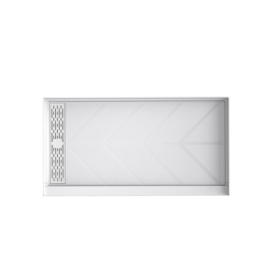 Top view of 60" x 32" SMC Shower Base with left Stainless Steel Linear Drain Cover, Glossy White Shower Pan Base in white background
