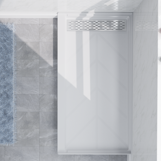 Top view of 60" x 32" SMC Shower Base with left Stainless Steel Linear Drain Cover, Glossy White Shower Pan Base in modern bathroom