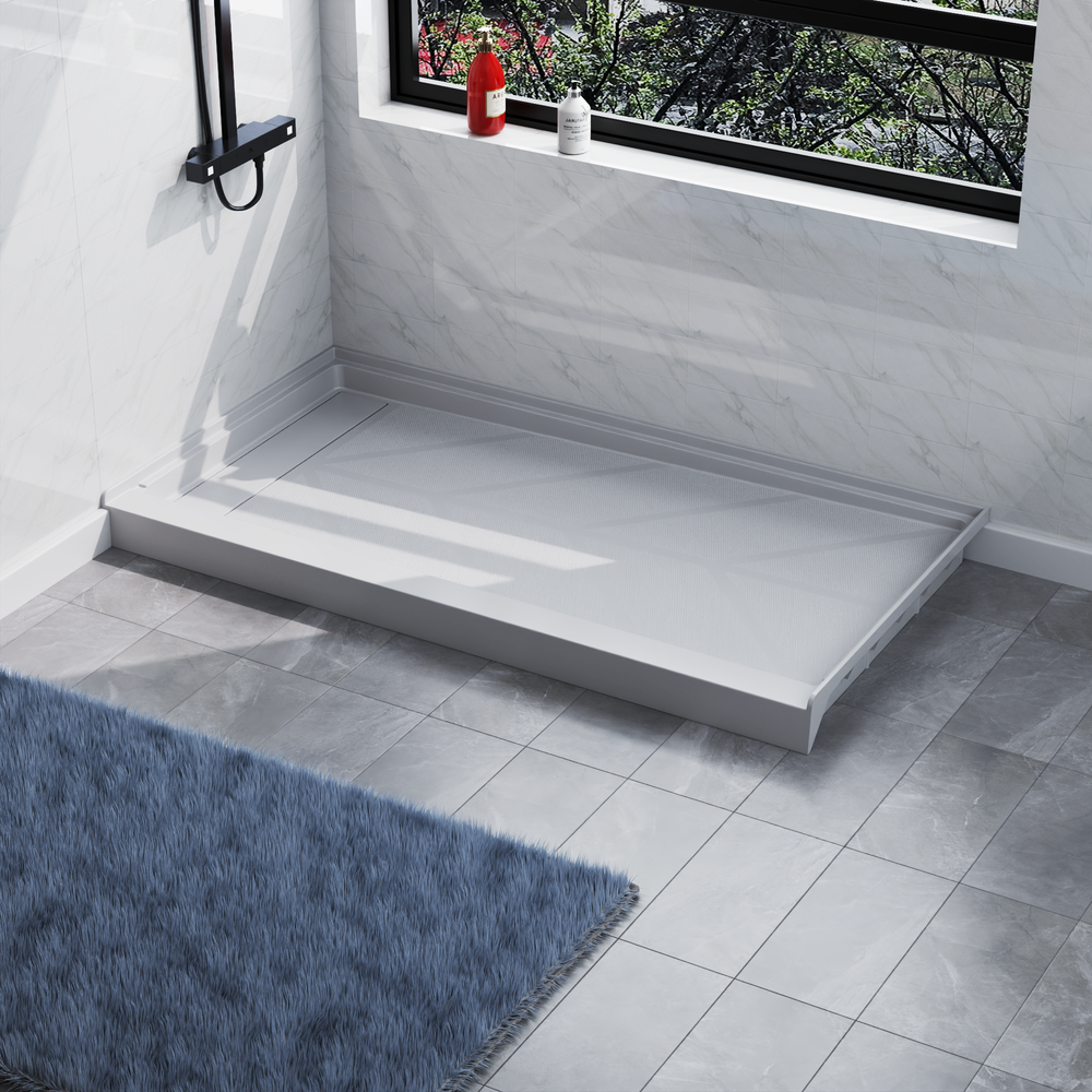 Angled view of 60'' x 32'' white SMC shower base with left linear drain and gloss finish, installed in modern bathroom#left_white