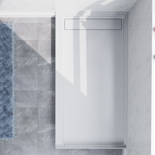 Top view of 60'' x 32'' white SMC shower base with left linear drain and gloss finish, installed in modern bathroom#left_white