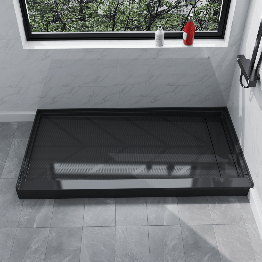 Side view of 60'' x 32'' Black SMC shower base with right linear drain and gloss finish, installed in modern bathroom with marble walls#color_black #drain_right