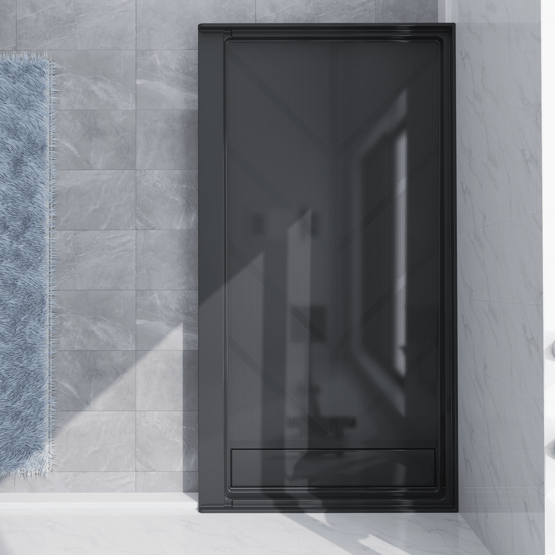 Top view of 60'' x 32'' Black SMC shower base with right linear drain and gloss finish, installed in modern bathroom with marble walls#color_black#drain_right