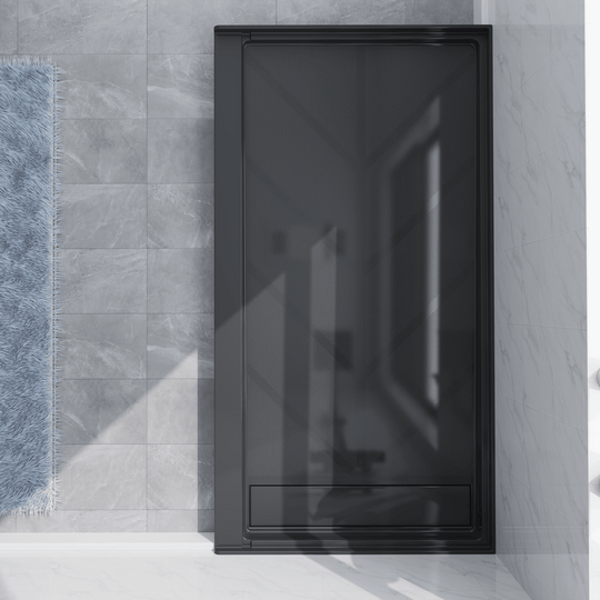 Top view of 60'' x 32'' Black SMC shower base with right linear drain and gloss finish, installed in modern bathroom with marble walls#color_black#drain_right