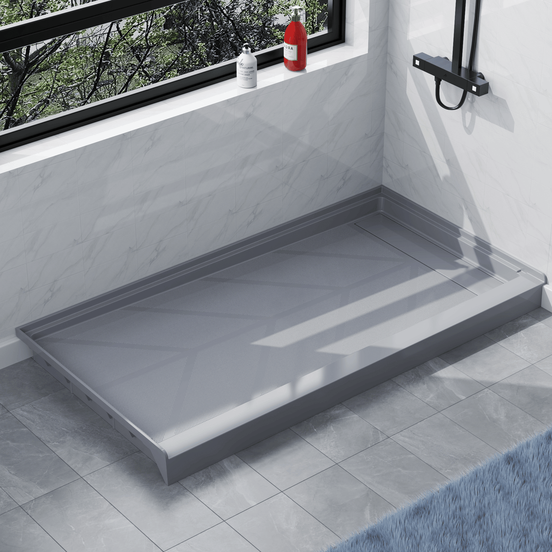 Angled view of 60'' x 32'' Gray SMC shower base with right linear drain and gloss finish, installed in modern bathroom with marble walls#drain_right #color_gray