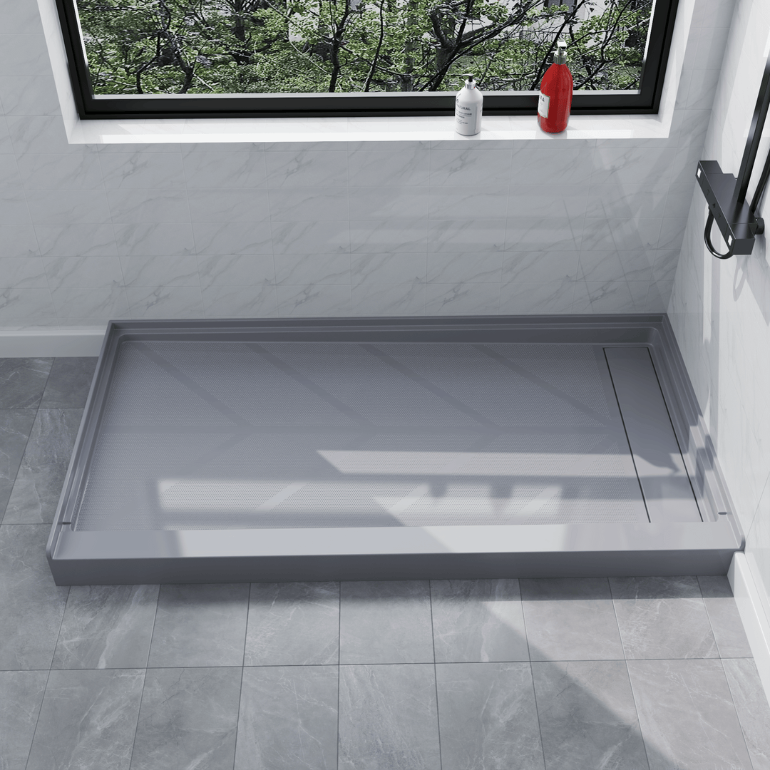 Side view of 60'' x 32'' Gray SMC shower base with right linear drain and gloss finish, installed in modern bathroom with marble walls#color_gray#drain_right