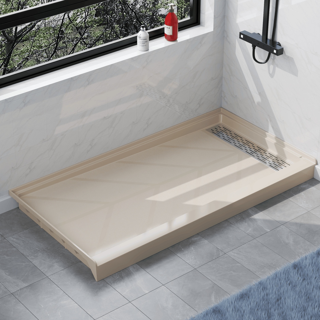 Angled view of 60" x 32" SMC Shower Base with right Stainless Steel Linear Drain Cover, Beige Shower Pan Base in modern bathroom