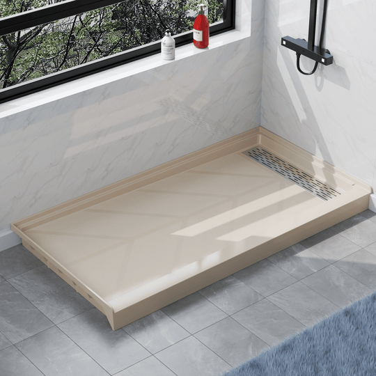 Angled view of 60" x 32" SMC Shower Base with right Stainless Steel Linear Drain Cover, Beige Shower Pan Base in modern bathroom