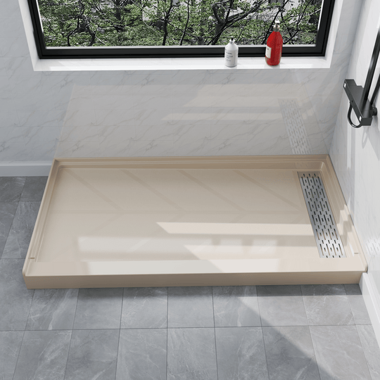 Side view of 60" x 32" SMC Shower Base with right Stainless Steel Linear Drain Cover, Beige Shower Pan Base in modern bathroom