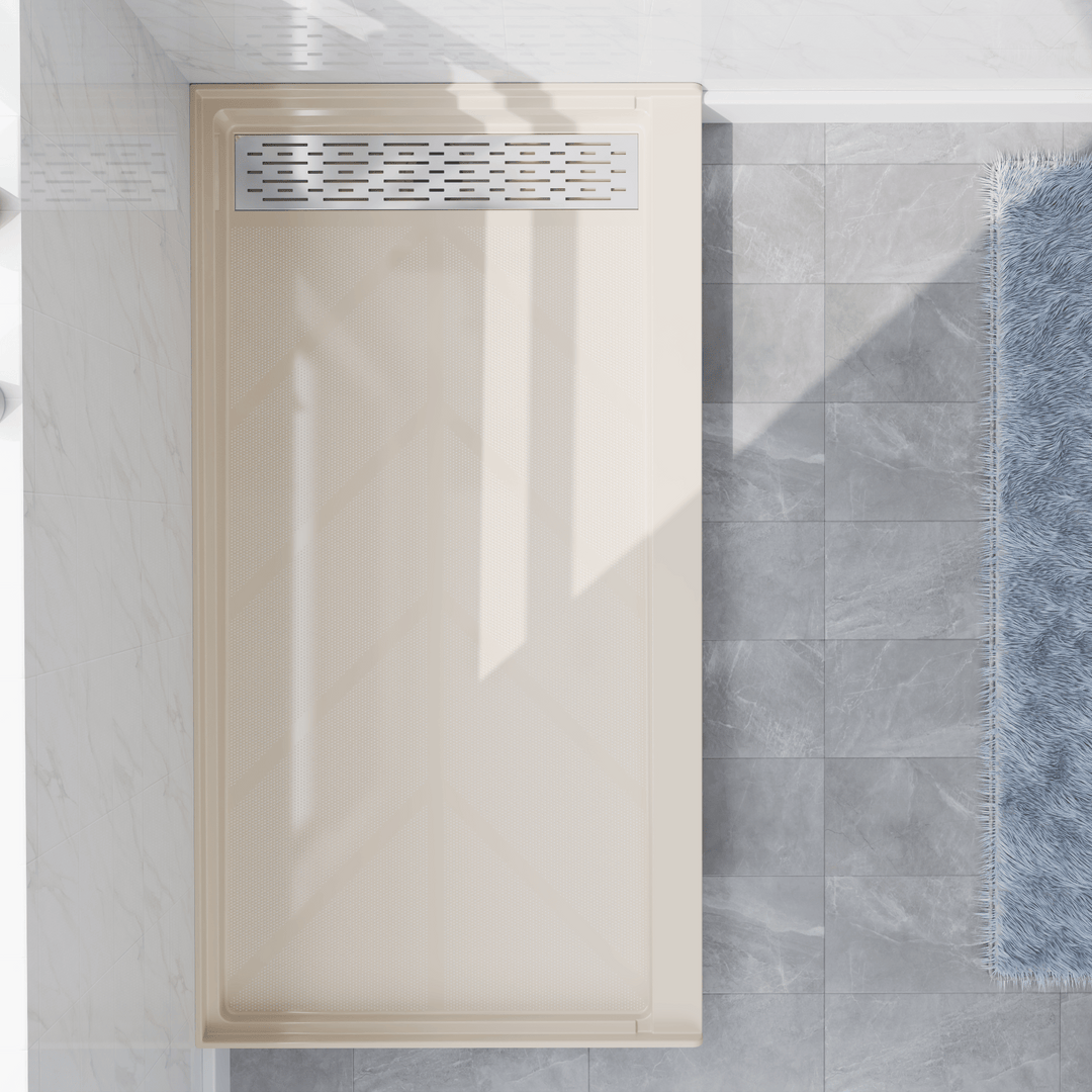 Top view of 60" x 32" SMC Shower Base with right Stainless Steel Linear Drain Cover, Beige Shower Pan Base in modern bathroom