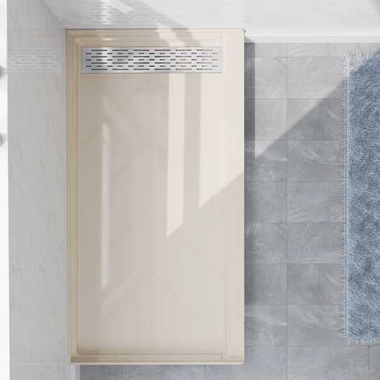 Top view of 60" x 32" SMC Shower Base with right Stainless Steel Linear Drain Cover, Beige Shower Pan Base in modern bathroom
