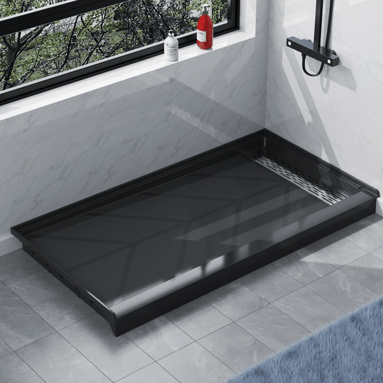 Angled view of 60" x 32" SMC Shower Base with right Stainless Steel Linear Drain Cover, Black Shower Pan Base in modern bathroom