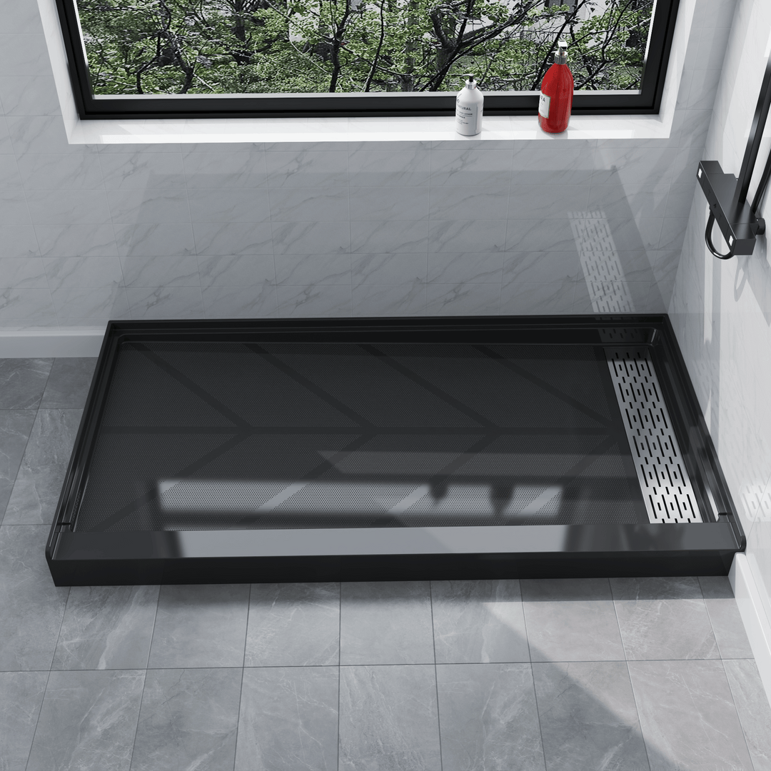 Side view of 60" x 32" SMC Shower Base with right Stainless Steel Linear Drain Cover, Black Shower Pan Base in modern bathroom