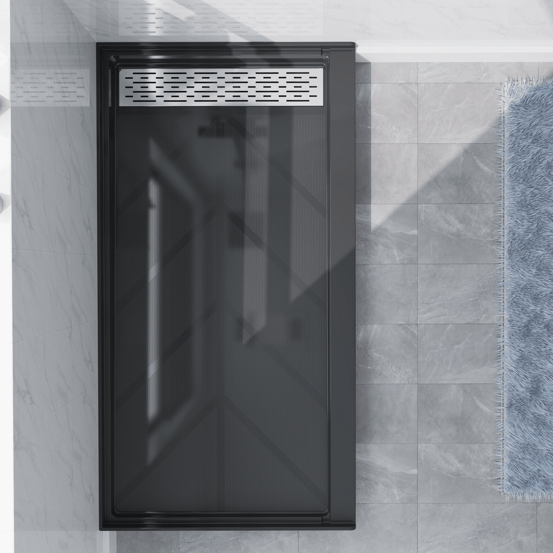 Top view of 60" x 32" SMC Shower Base with right Stainless Steel Linear Drain Cover, Black Shower Pan Base in modern bathroom