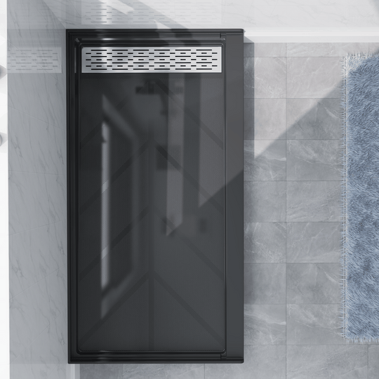 Top view of 60" x 32" SMC Shower Base with right Stainless Steel Linear Drain Cover, Black Shower Pan Base in modern bathroom