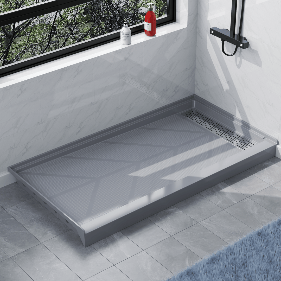 Angled view of 60" x 32" SMC Shower Base with right Stainless Steel Linear Drain Cover, Gray Shower Pan Base in modern bathroom