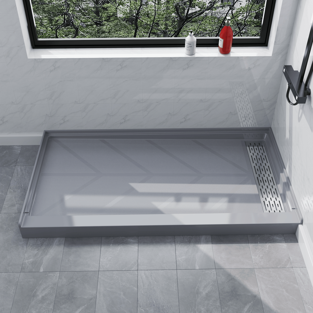 Side view of 60" x 32" SMC Shower Base with right Stainless Steel Linear Drain Cover, Gray Shower Pan Base in modern bathroom