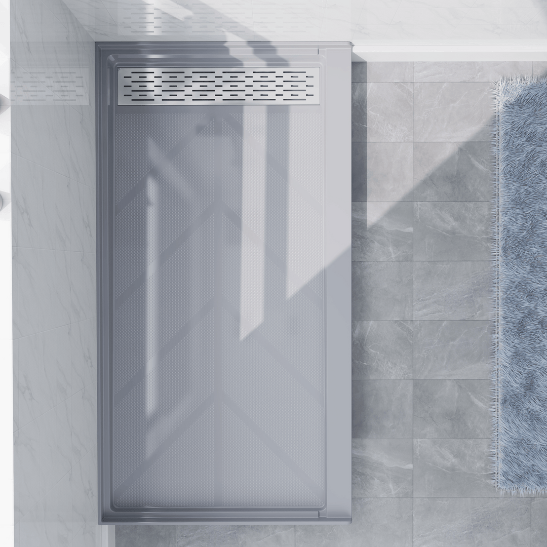 Top view of 60" x 32" SMC Shower Base with right Stainless Steel Linear Drain Cover, Gray Shower Pan Base in modern bathroom