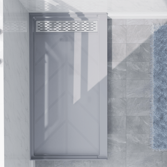 Top view of 60" x 32" SMC Shower Base with right Stainless Steel Linear Drain Cover, Gray Shower Pan Base in modern bathroom