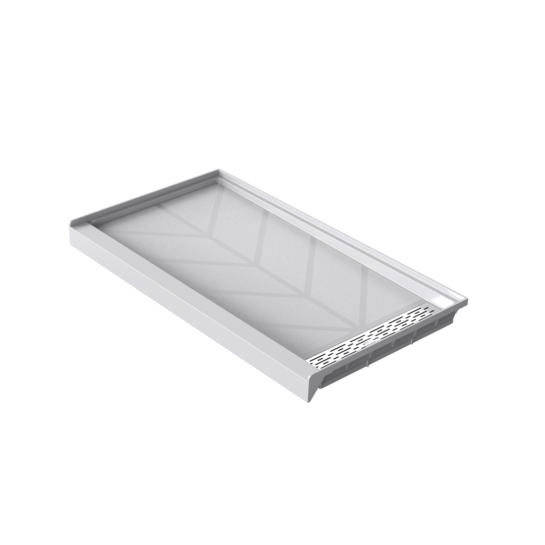 Angled view of 60" x 32" SMC Shower Base with right Stainless Steel Linear Drain Cover, Glossy White Shower Pan Base in white background