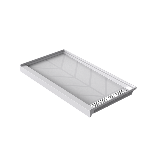 Angled view of 60" x 32" SMC Shower Base with right Stainless Steel Linear Drain Cover, Glossy White Shower Pan Base in white background
