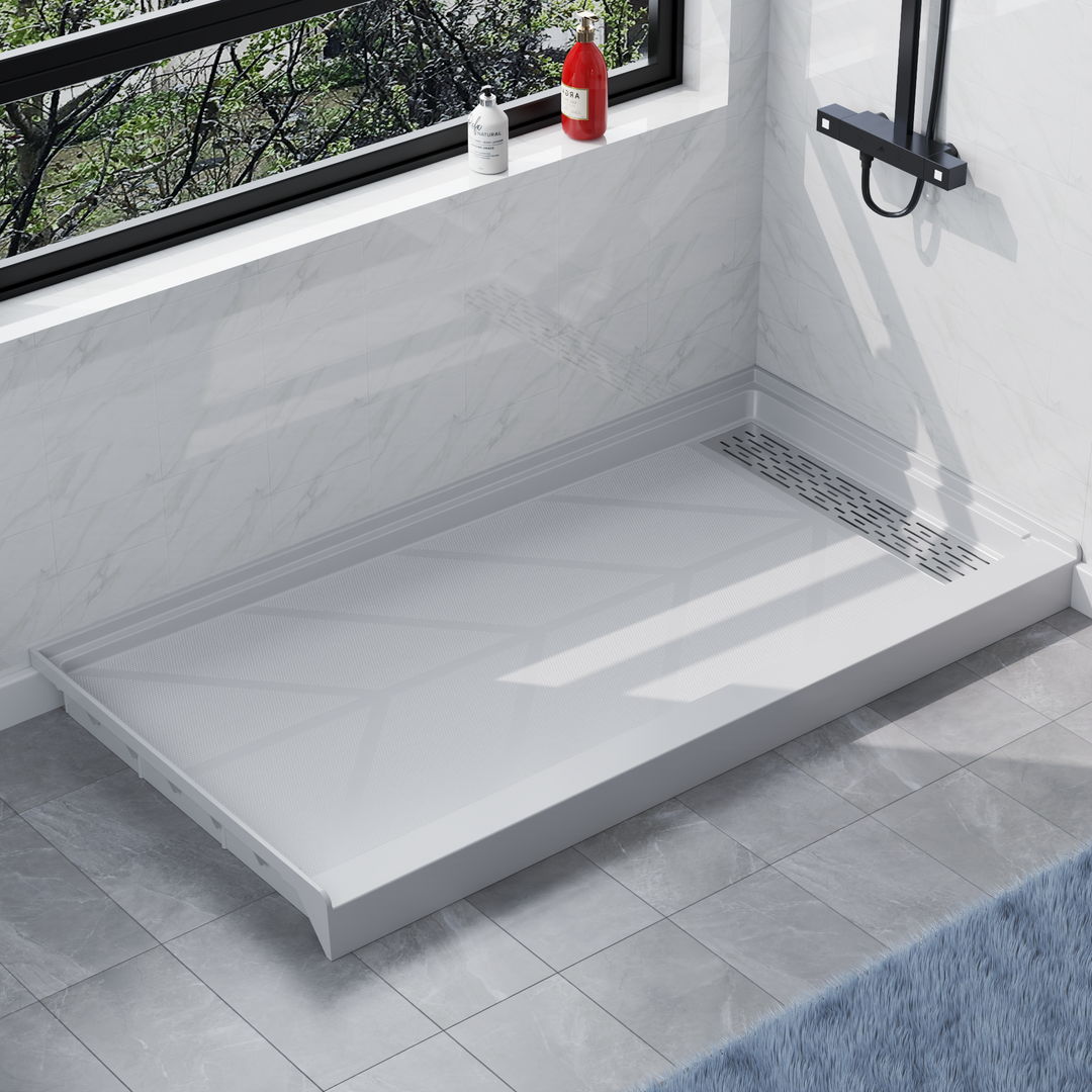 Angled view of 60" x 32" SMC Shower Base with right Stainless Steel Linear Drain Cover, Glossy White Shower Pan Base in modern bathroom