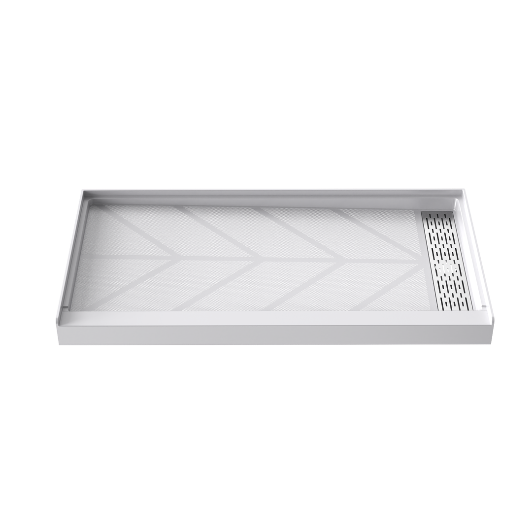 Side view of 60" x 32" SMC Shower Base with right Stainless Steel Linear Drain Cover, Glossy White Shower Pan Base in white background