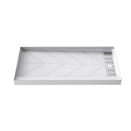 Side view of 60" x 32" SMC Shower Base with right Stainless Steel Linear Drain Cover, Glossy White Shower Pan Base in white background